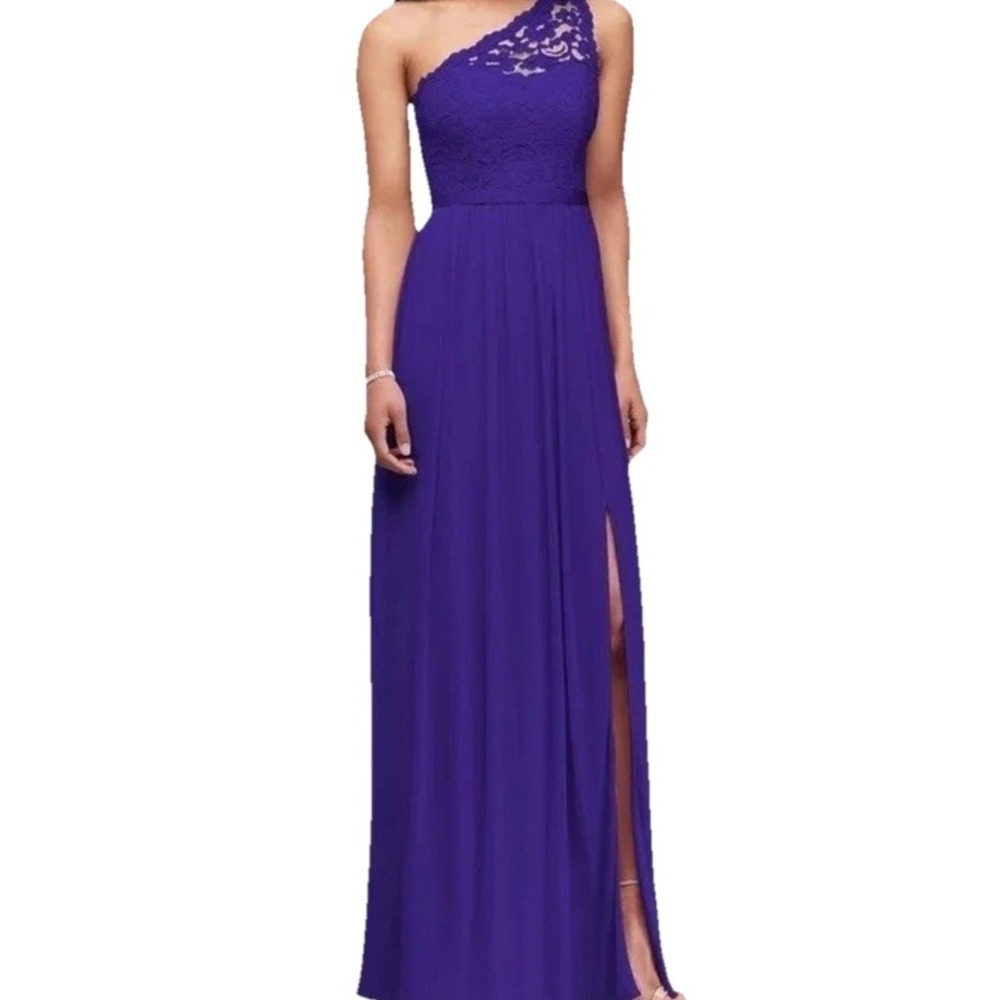 Davids Bridal Long Purple One Shoulder Lace  Bridesmaid Dress Size 4 With Tags